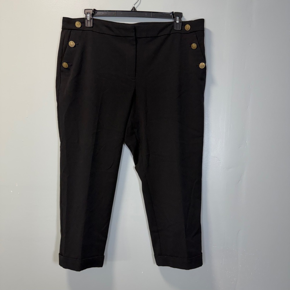 LOFT Curvy Sailor Crop Pants Black Gold Crest Button Trousers Business